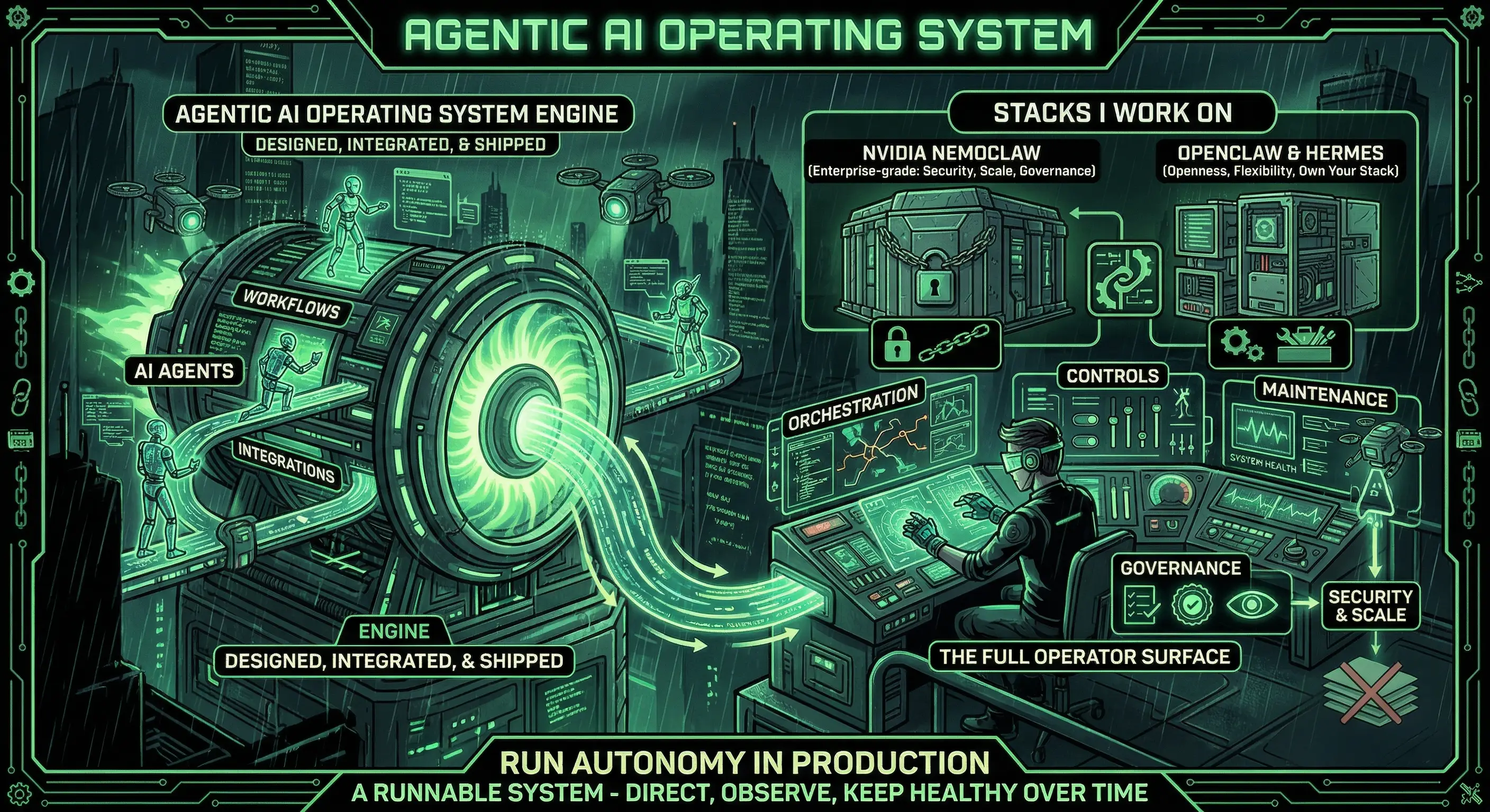 Diagram of an Agentic AI Operating System: orchestration hub connecting agents, tools, memory, and a human operator surface.